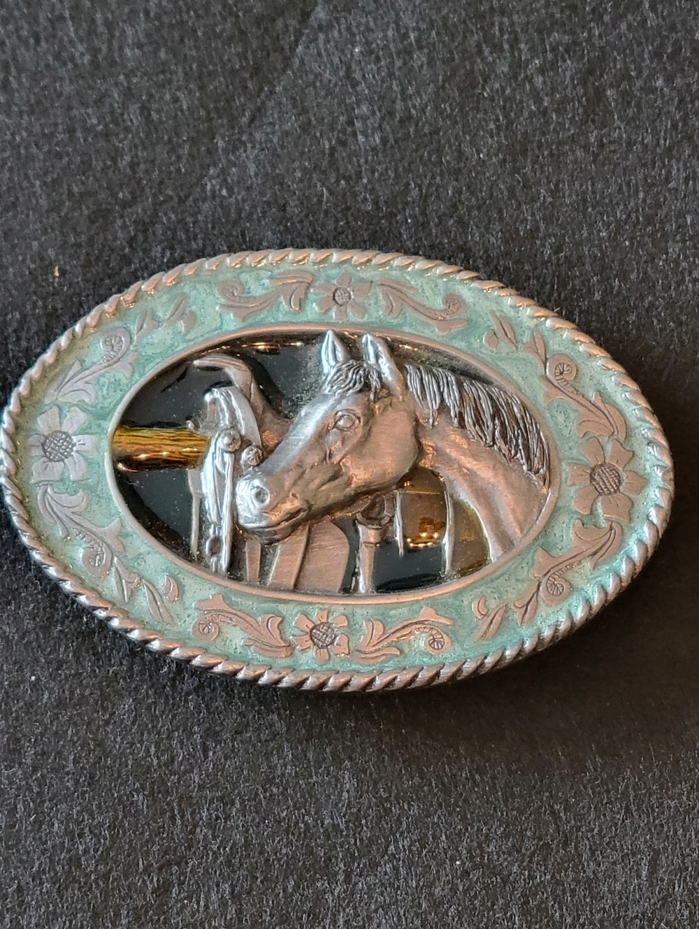 Vintage Horse Head Oval Metal Belt Buckle - Silver & Turquoise